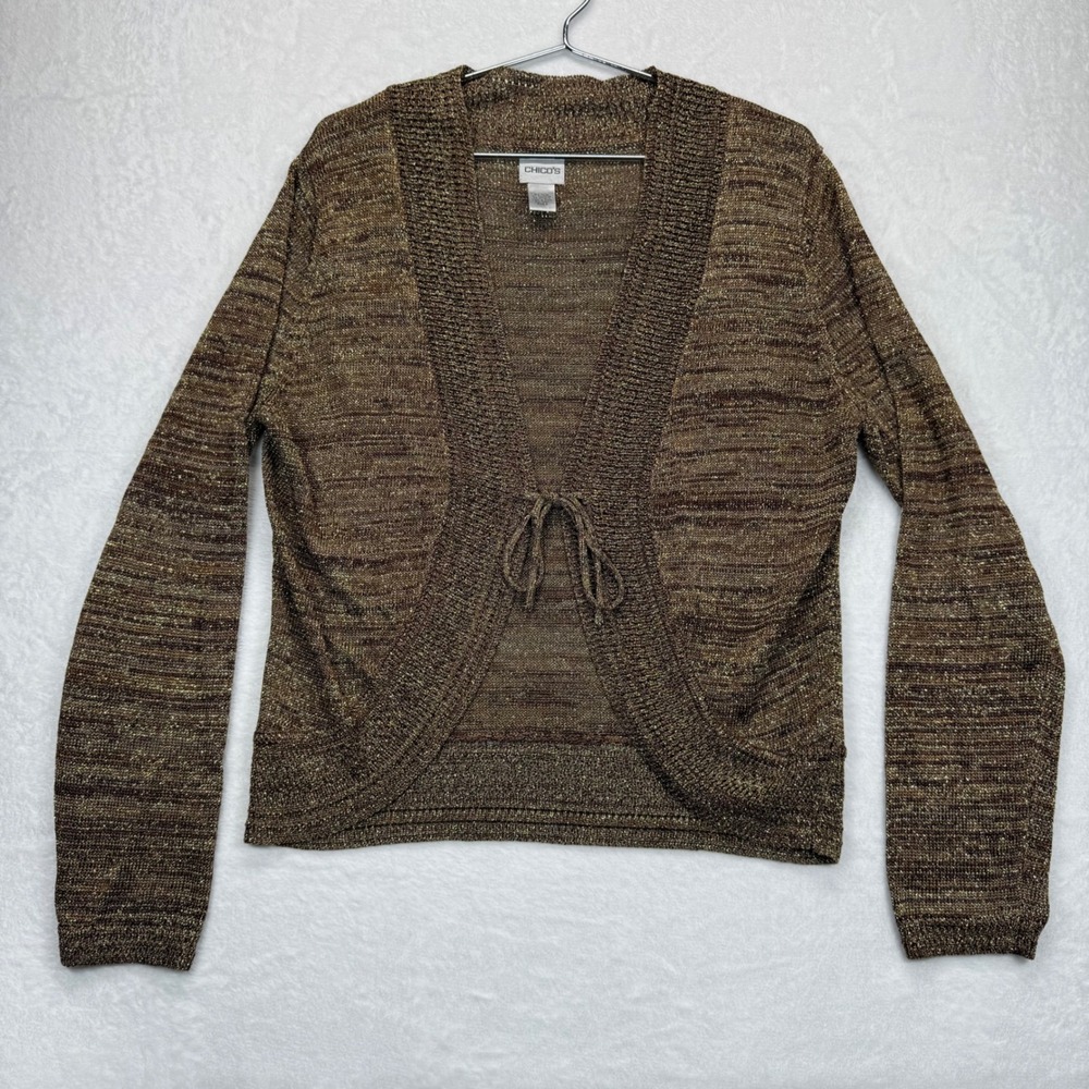 Chico's Metallic Knit Cardigan Tie Front Shrug Bronze Gold Sparkle Size 3‎ US XL